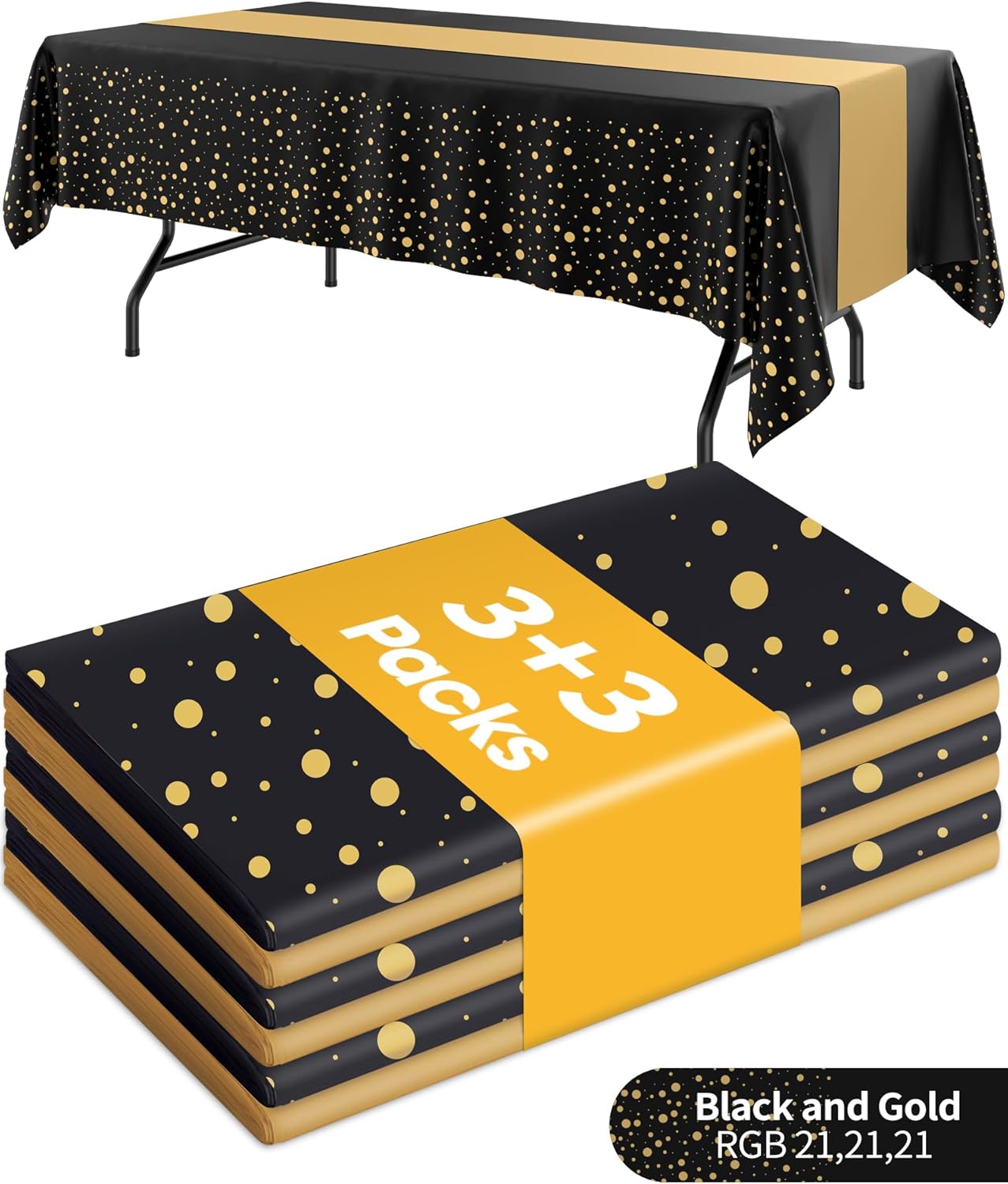 Niuara Table Cloth Set - Black and Gold Disposable Rectangle Table Cover & Runner | 3+3 Pack for Events
