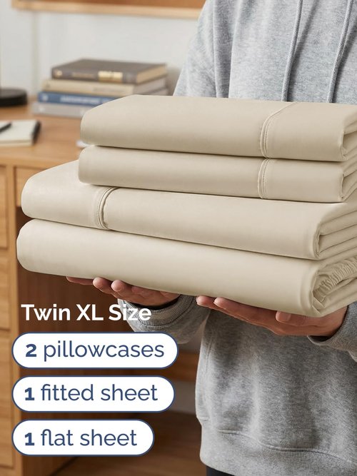 Extra Deep Twin XL Sheet Set - 4 Piece Breathable and Cooling Sheets - Hotel Luxury Bedding for Women, Men, Kids & Teens - Easy & Secure Fit - Soft, Wrinkle Free and Comfy - Extra Deep Pockets - Wheat
