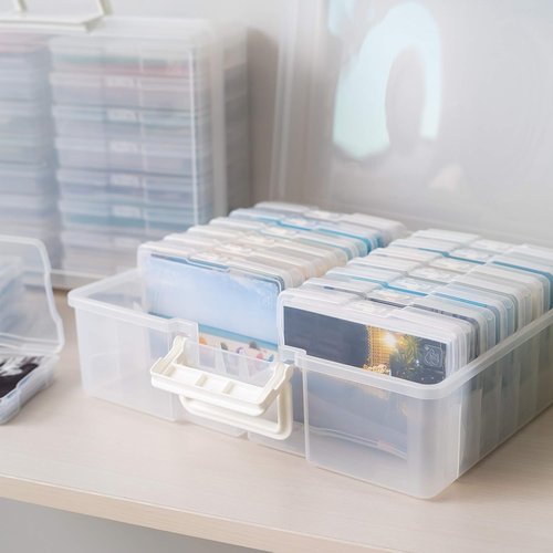 IRIS USA Photo Organizers - 4" x 6" Storage Box with Handle & 16 Inner Cases for Easy Organization - Clear