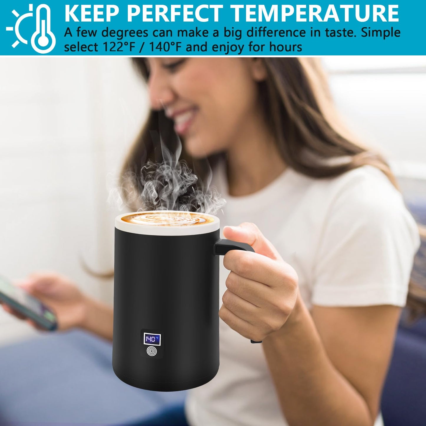 Rommeka Self Heating Coffee Mug, 12oz Temperature Control Smart Mug with Lid, Smart Coffee Mug with LCD Display (122-140°F) for Warming and Heating Coffee, Beverage, Milk, Tea