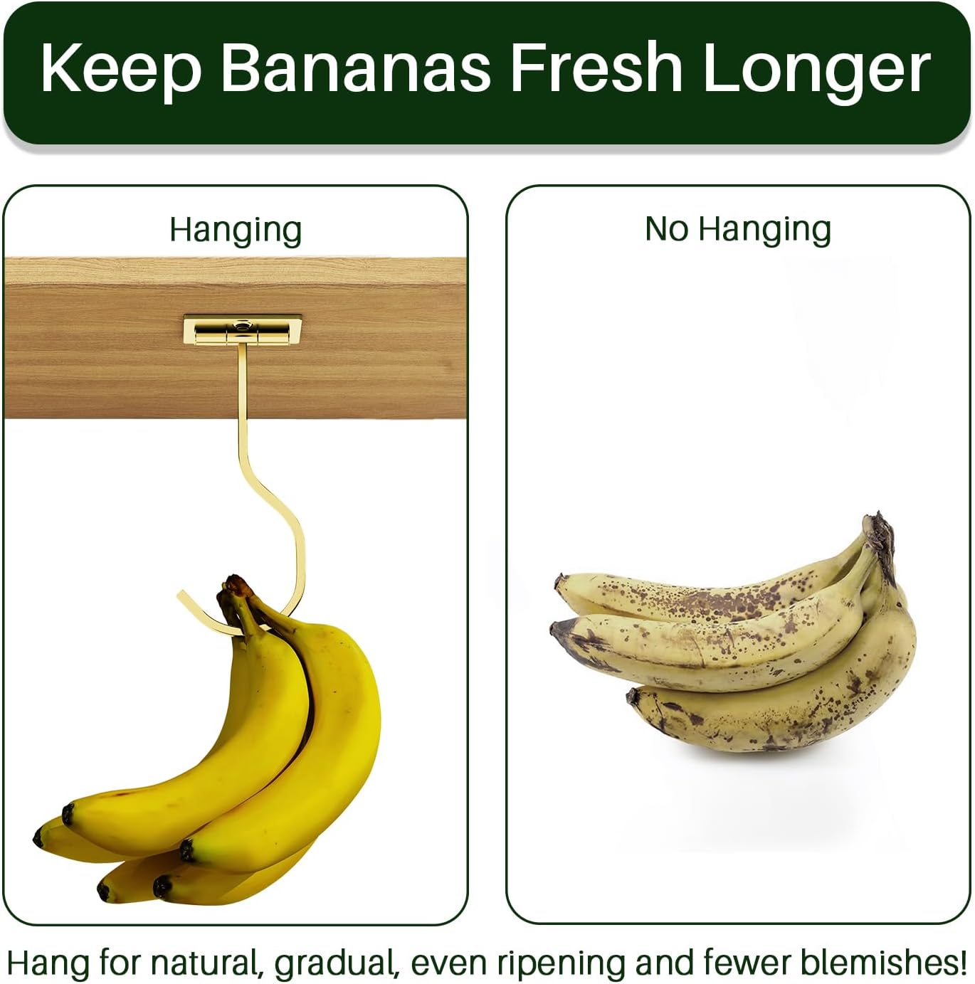 Skiennix Under Cabinet Banana Hook - Foldable Gold Metal Hanger for Kitchen & RV, Space-Saving Design