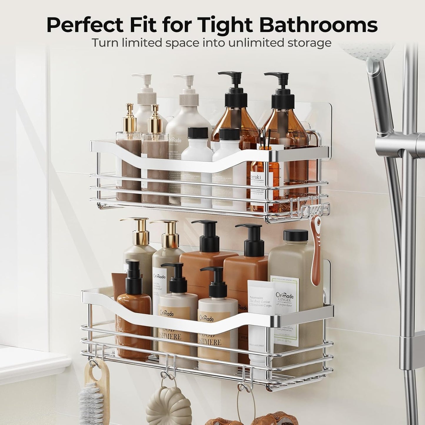 Orimade Shower Caddy | Wall-Mounted Storage Rack - Rust-Resistant Stainless Steel, Pack of 2 with 5 Hooks