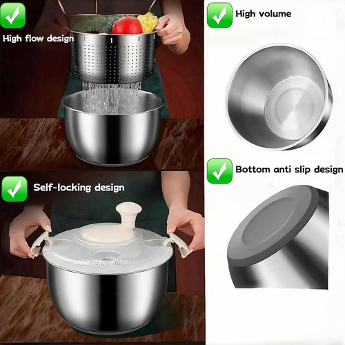 Stainless Steel Salad Spinner,6L Salad Spinner,Lettuce Spinner with Drain,Multifunctional Kitchen Tool for Lettuce, Pasta, French Fries (Stainless Steel 6L)