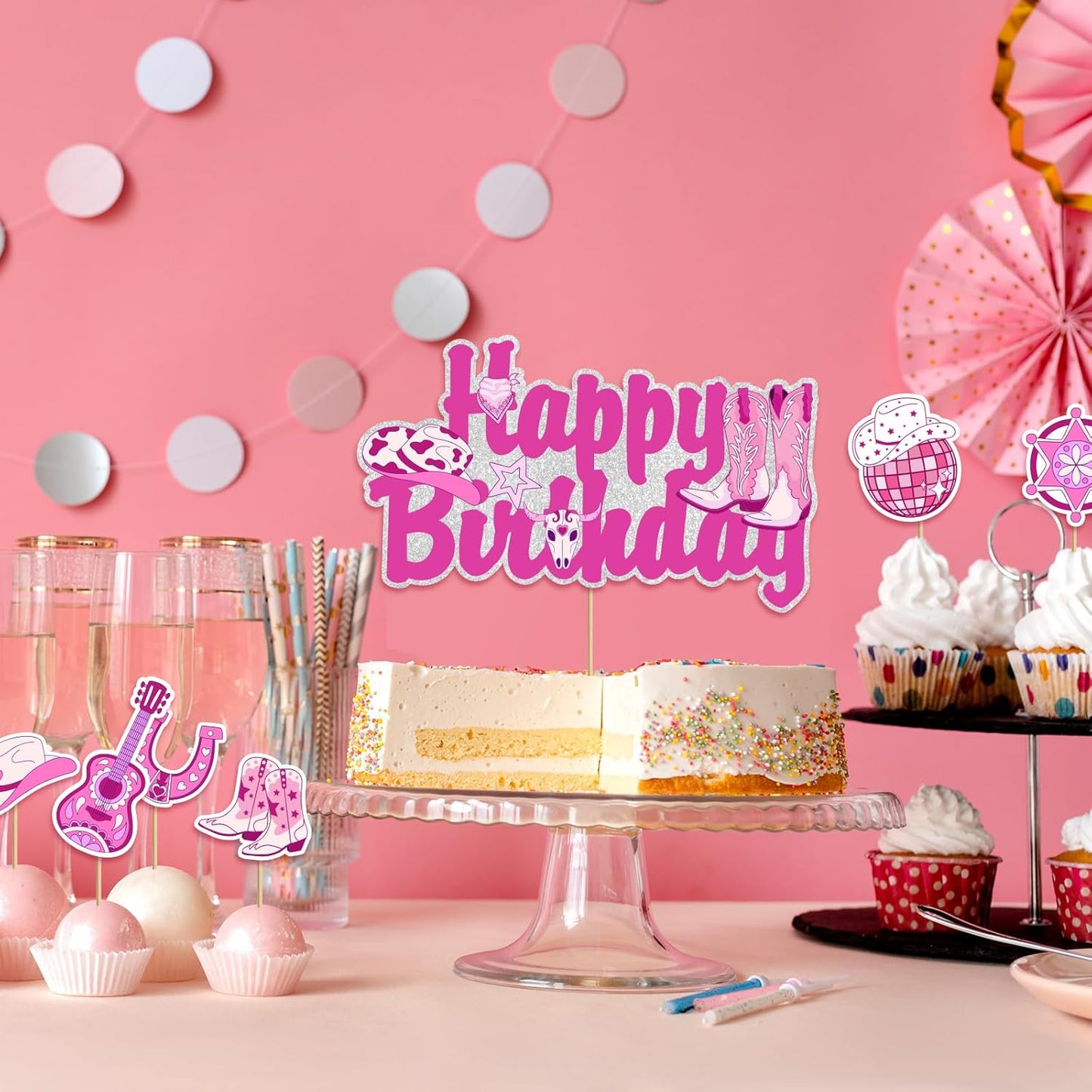 Skiennix Disco Cowgirl Cake Topper - Hot Pink Western Cowboy Design for Birthday Celebrations