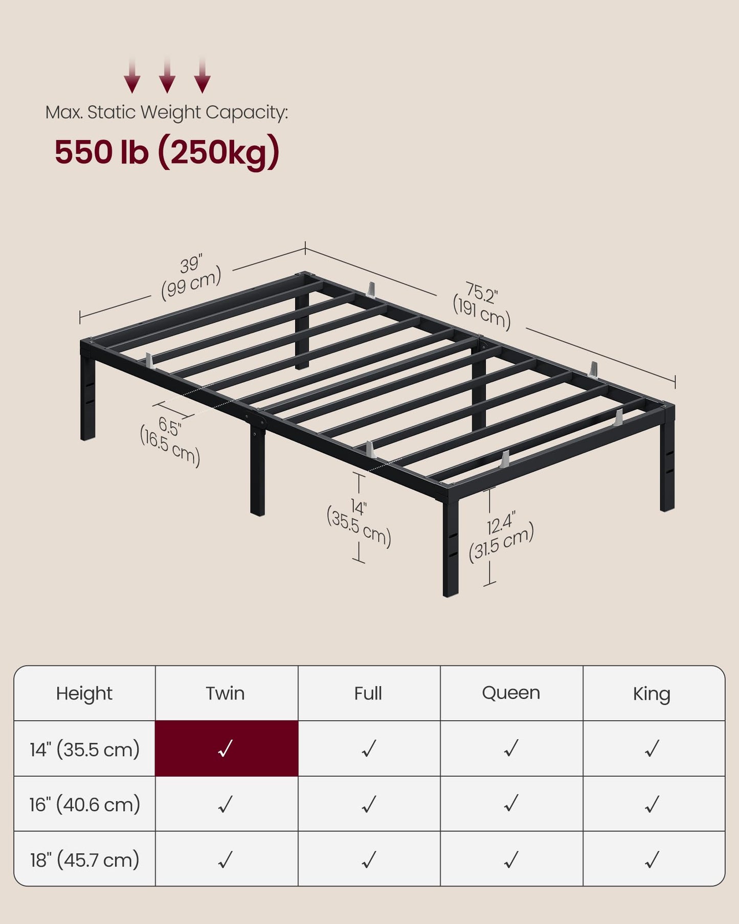 VASAGLE Twin Metal Bed Frame 14 Inches Tall, 550 lb Weight Capacity, No Box Spring Needed, with Under-Bed Storage, Easy Setup, Heavy-Duty Platform Bed, Mattress Retainers, Matte Black URMB653BD02S