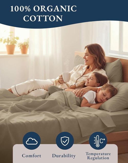 LANE LINEN 100% Organic Cotton Sheets Set - Pure Long-Staple Percale Weave | Queen Size, Taupe, Fits Mattresses Up to 15" Deep