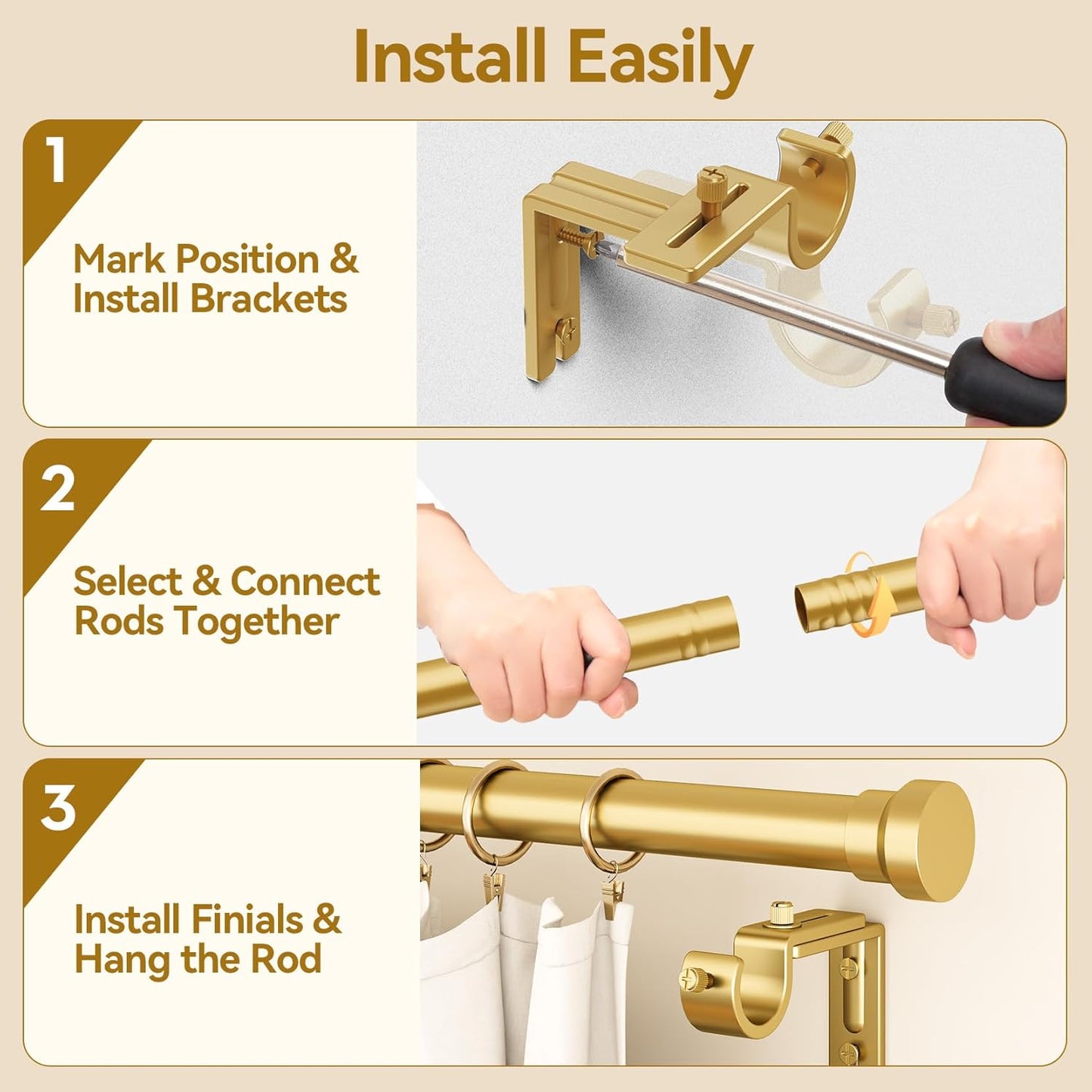 YaFex Curtain Rods - Heavy Duty 1 Inch Adjustable Window Treatment Rods | 32-118 Inch, Gold Finish