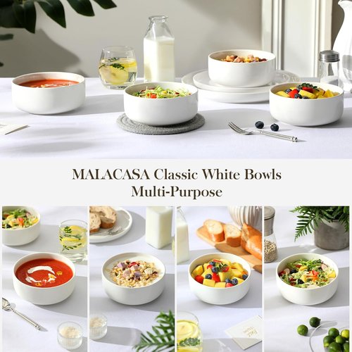 MALACASA 24 OZ Ceramic Cereal Bowls - Set of 4 Dishwasher & Microwave Safe | White LUNA Series