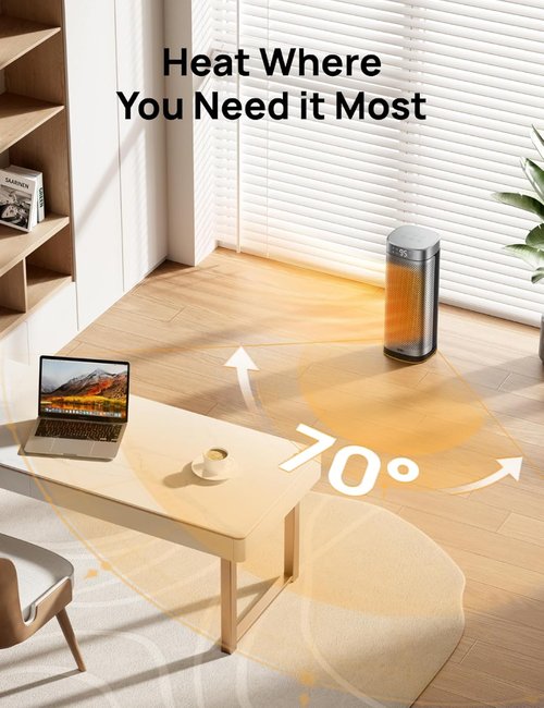 DREO Portable Space Heater - Fast Heating PTC Ceramic with Remote | 1500W, 12H Timer, 70° Oscillation, Overheat Protection