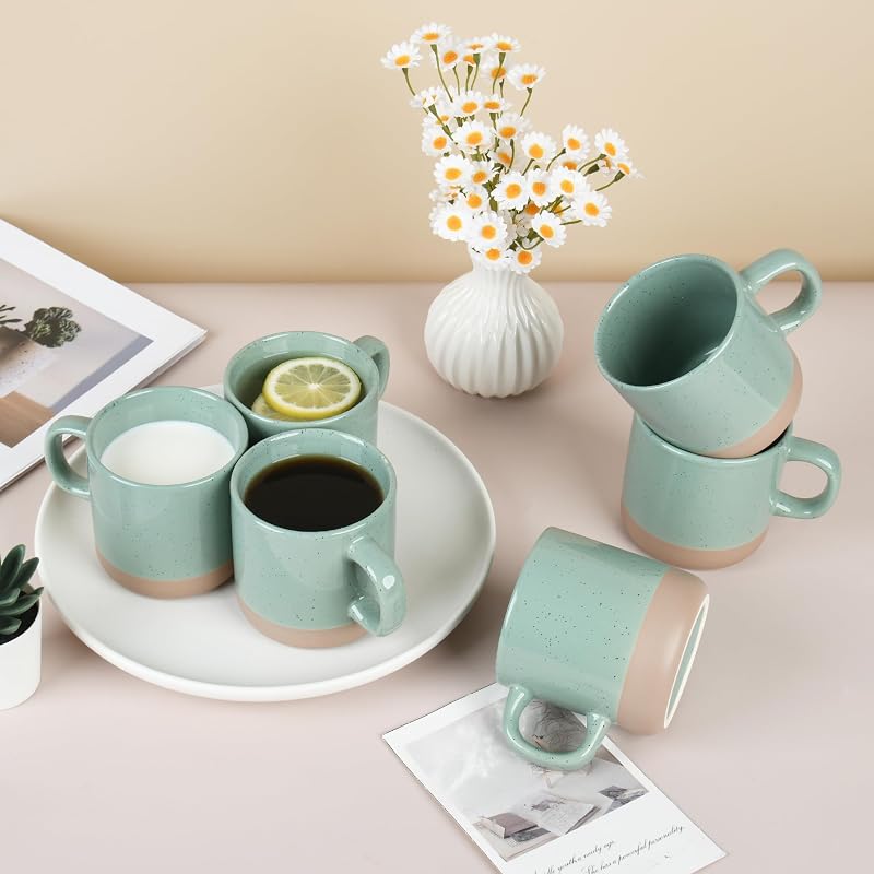 BYCNZB 12oz Mug Set - 6 Green Coffee Tea Cups with Handles