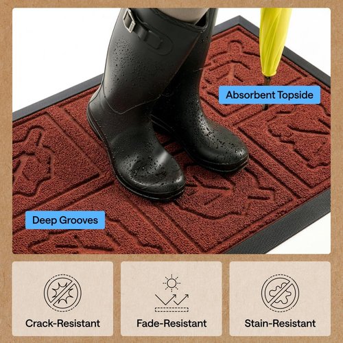 GORILLA GRIP 100% Waterproof All-Season WeatherMAX Doormat 35x23, US Designed Natural Rubber, Stain and Fade Resistant, Low Profile Indoor Outdoor Door Mats, Easy Clean Patio Mat, Burgundy Leaves