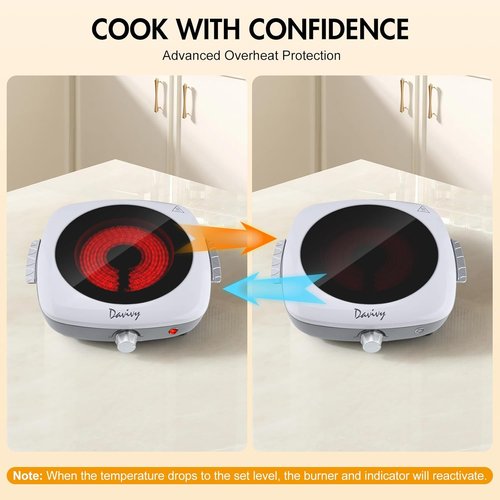 Davivy Single Burner Hot Plate - 1200W Infrared Cooker with Sturdy Handle | 7.9-Inch Ceramic Glass Cooktop, White