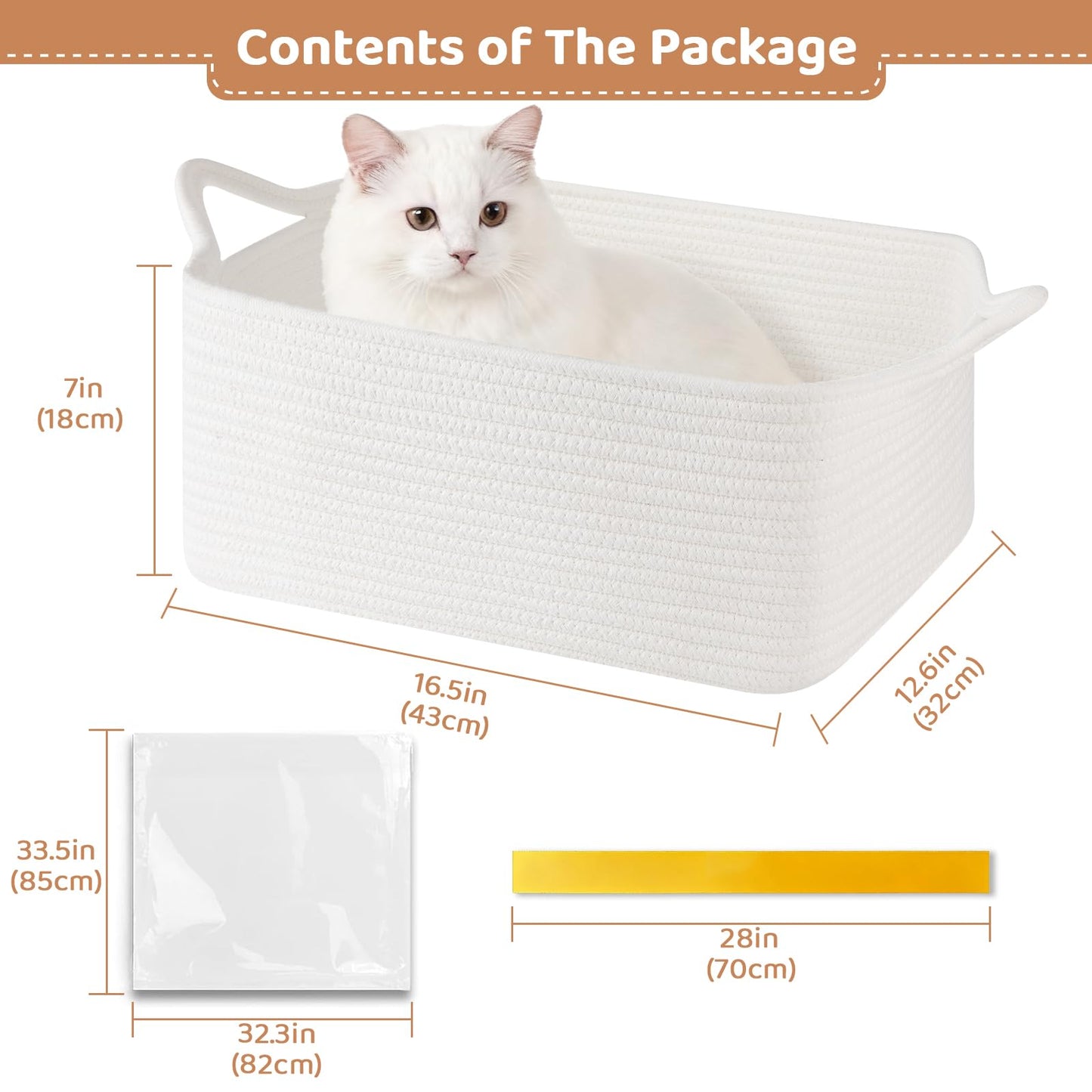 OIASKET Large Empty Gift Baskets for Baby Shower, 16.5" L x 12.6" W x 7" H Cute Woven Storage Basket with Gift Bags and Ribbons, Small Rope Toy Basket with Handles, Cat Dog Pet Toy Organizer - White