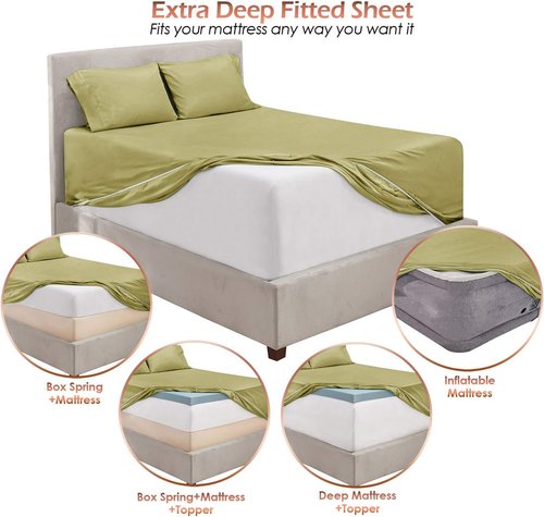 Hearth & Harbor Queen Sheet Set - Extra Deep Pocket for 18-24 Inch Mattresses - 6 Piece in Sage
