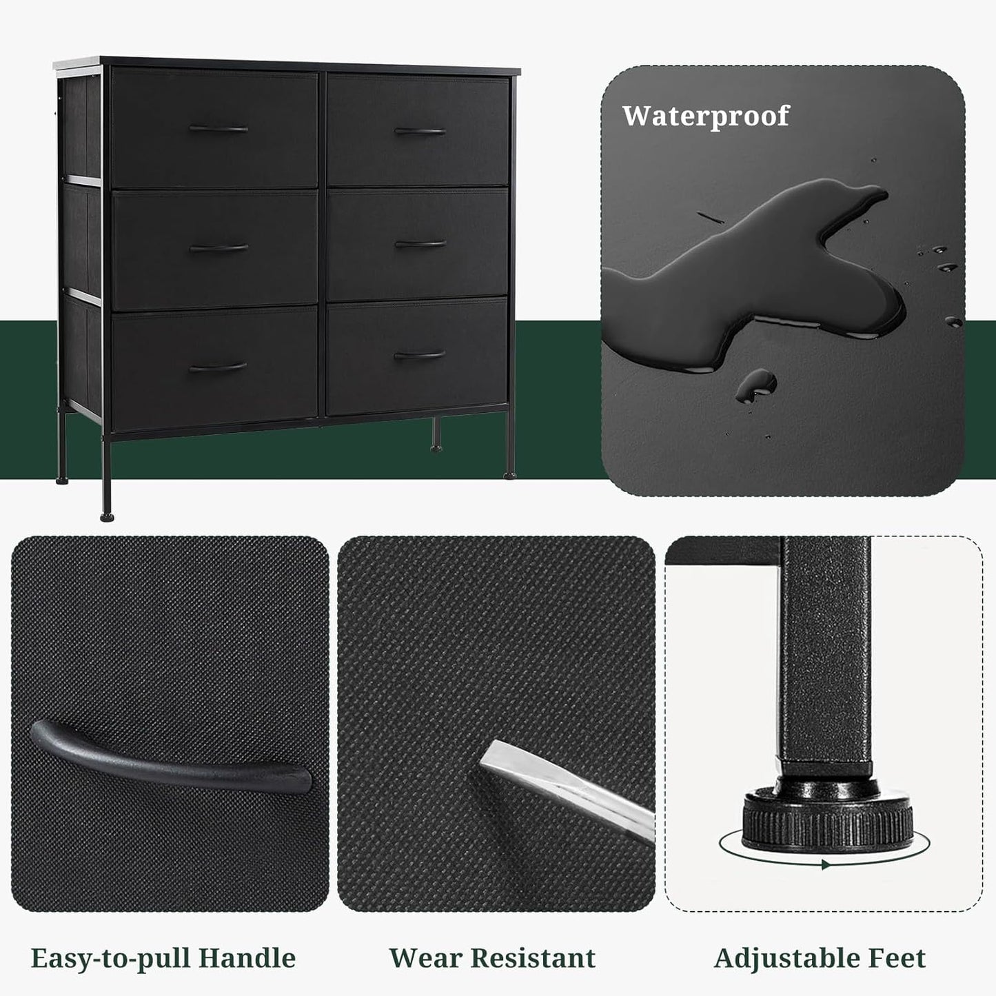Skiennix 6-Drawer Dresser - Anti-Tip Storage Organizer with Wooden Top & Metal Frame | Black