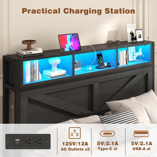 Incyneva Full Bed Frame - Farmhouse Design with Bookcase Storage, Charging Station & LED Light - Black