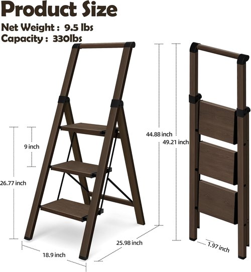 Hillhut Apex 3-Step Foldable Aluminum Step Ladder - Lightweight & Portable with Handgrip, 330lbs Capacity (Walnut)