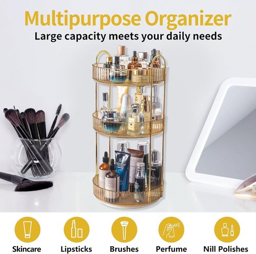 Asayuee 360° Rotating Makeup Organizer - Large Capacity Vanity Storage for Skincare & Perfume (Gold)