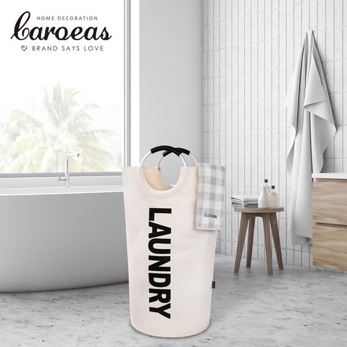 Caroeas 100L Laundry Basket - Large Collapsible Hamper with Padded Handles | Beige, Free-Standing Design
