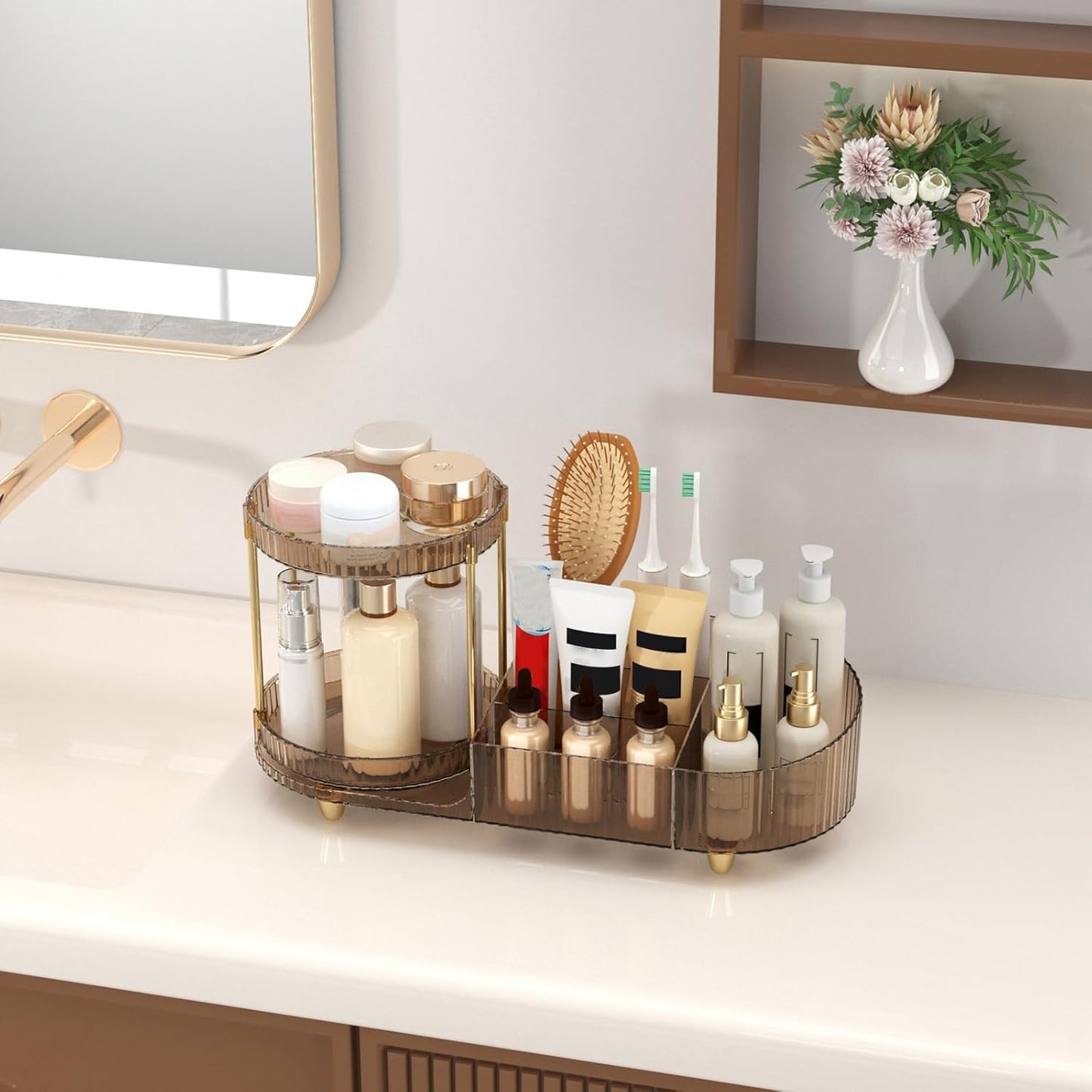 Skiennix Makeup Organizer - 360° Rotating Perfume Trays & 7-Divider Vanity Storage | Ideal for Bedroom & Bathroom