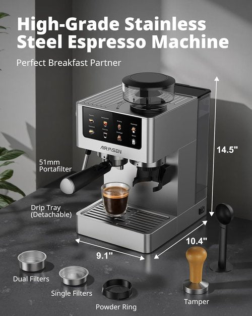 AIRMSEN Espresso Machine - 20 Bar Pressure with Burr Grinder & Milk Frother | Stainless Steel Coffee Maker for Home