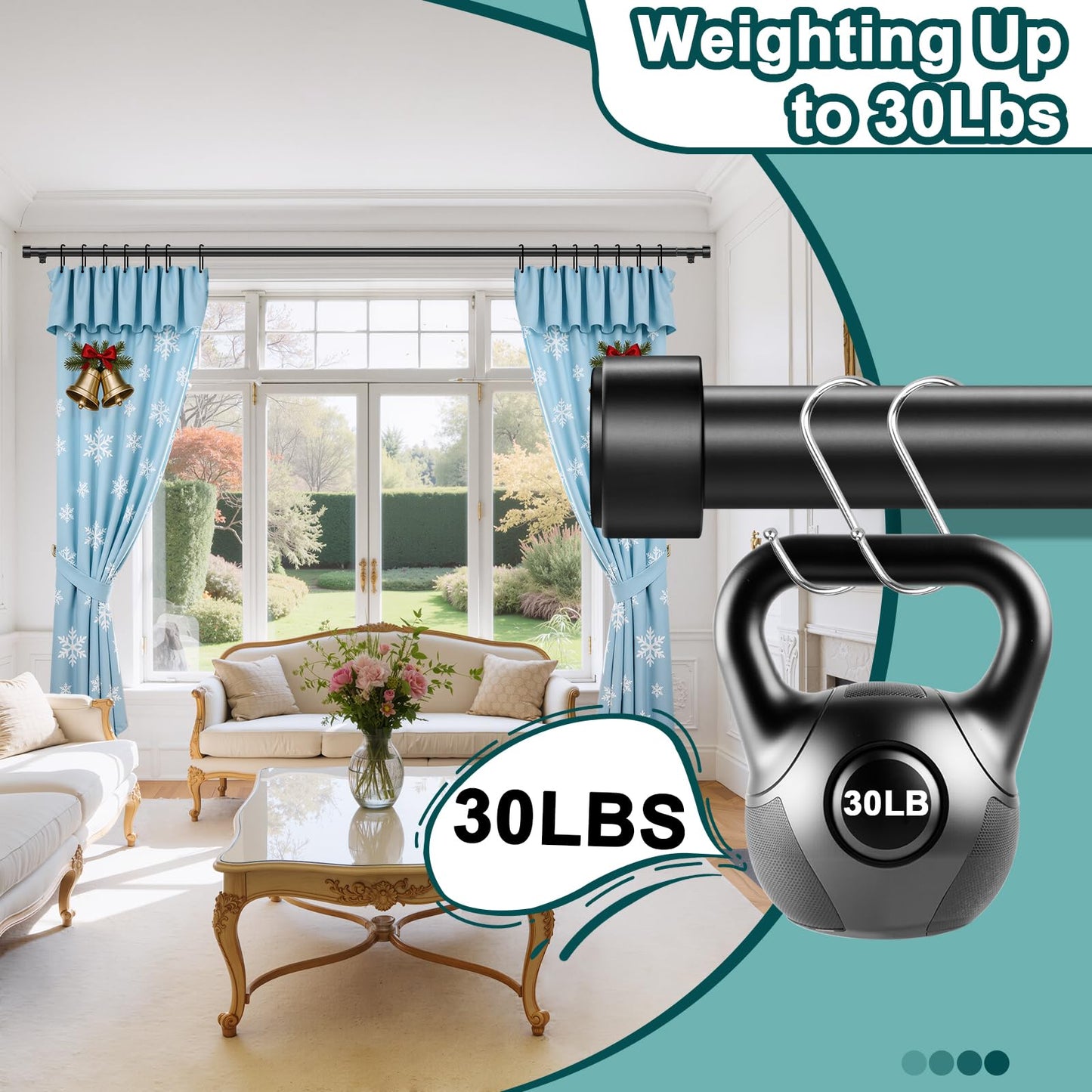 Treije Curtain Rods 18-60 Inch, 1" Heavy Duty Adjustable Curtain Rod for Windows, Black Window Treatment Rod, Modern Design, Easy Installation