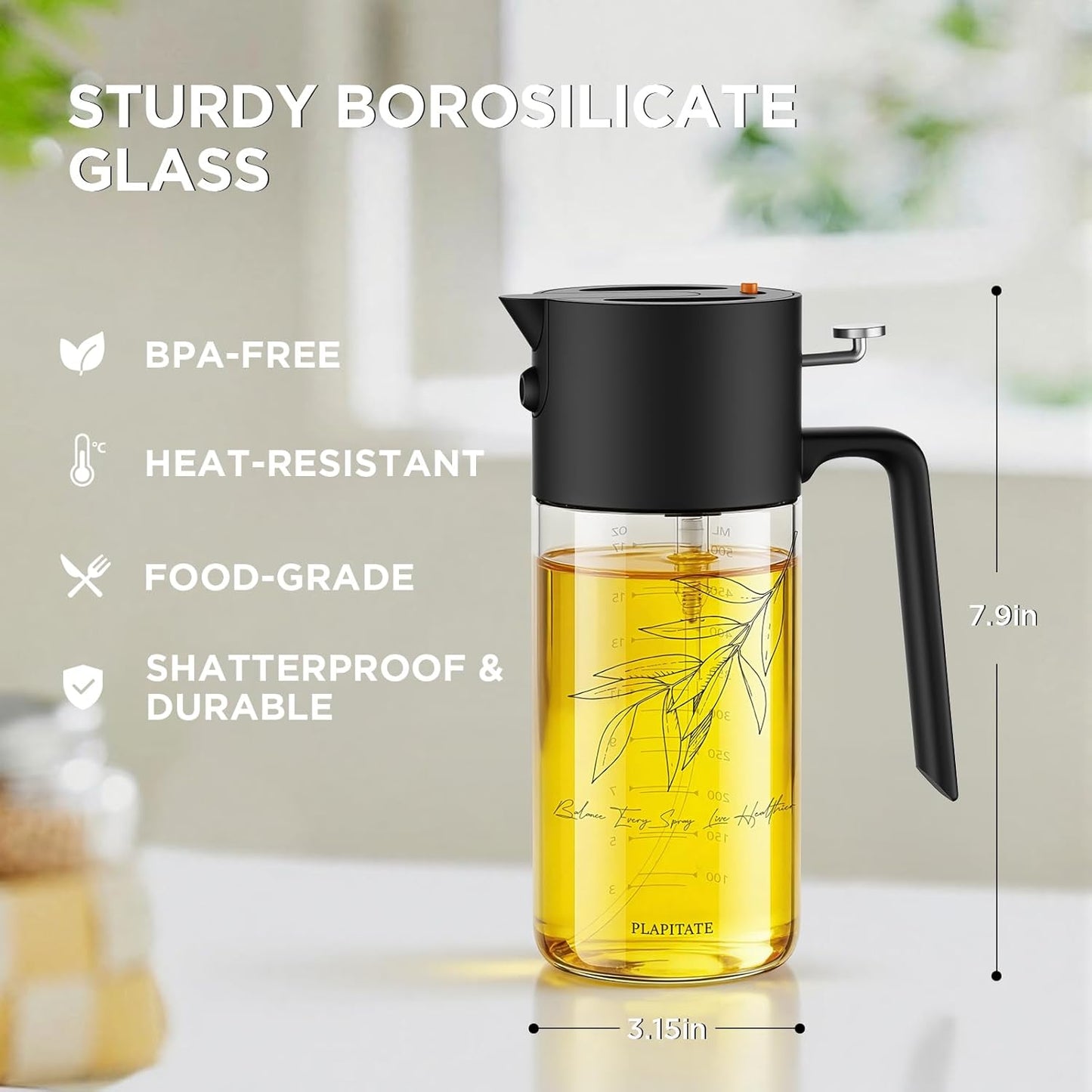 PLAPITATE Premium Olive Oil Sprayer - 2-in-1 Glass Dispenser with Portion Control | 17oz/500ml Black