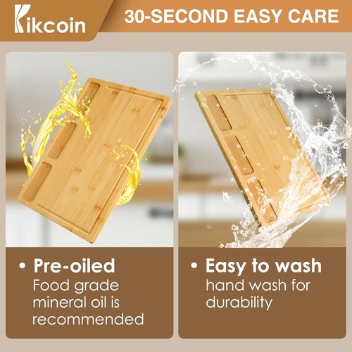 Kikcoin Bamboo Cutting Boards Set - Heavy Duty Kitchen Chopping Boards with Juice Groove & Compartments (3-Piece)