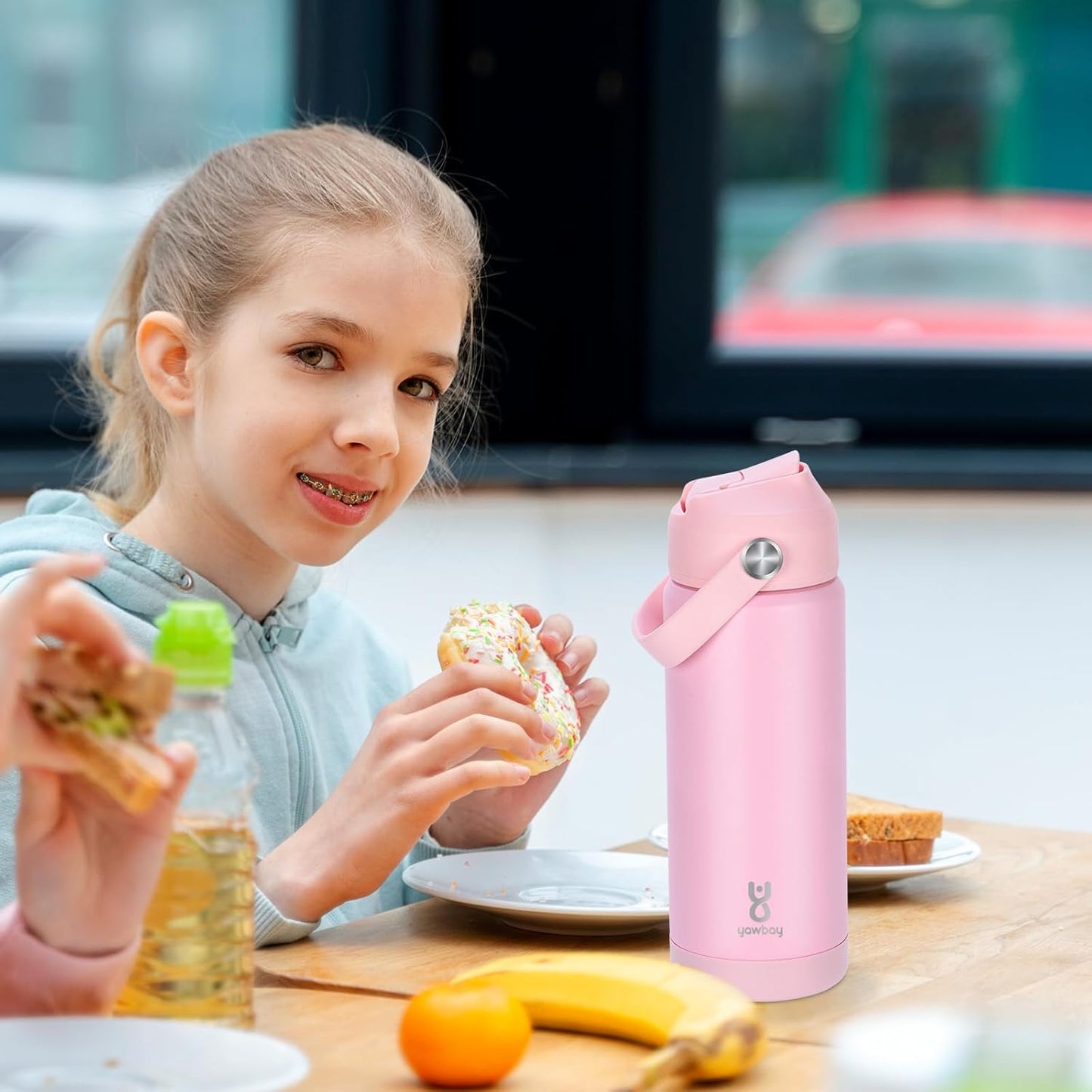 Skiennix 18oz Kids Insulated Water Bottle - Leak Proof with Straw Lid & Silicone Handle | Light Pink
