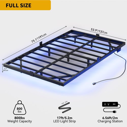 DWVO Full-Size Floating Bed Frame, Metal Platform Bed with LED Light, Charging Hub and Sturdy Steel Slats, Box Spring No Needed, Simple Setup (Black)