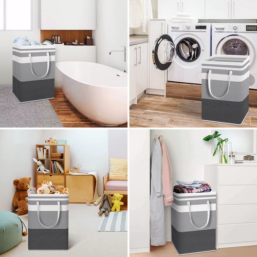 HomeHacks Large Waterproof Laundry Baskets - Collapsible Hampers with Reinforced Handles | Grey & Blue, 75L Each