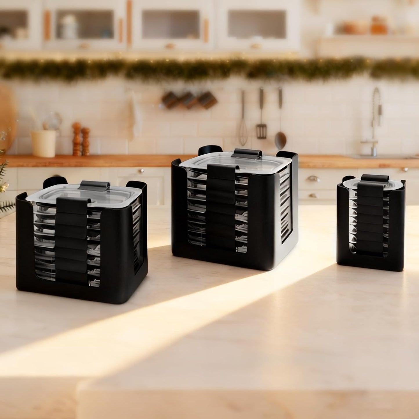 Rubbermaid Brilliance Lid Organizer - 3-Piece Kitchen Storage for 24 Nap-On Lids | Fits 4.7, 3.2, 1.3 & 0.5 Cup Containers (Black)