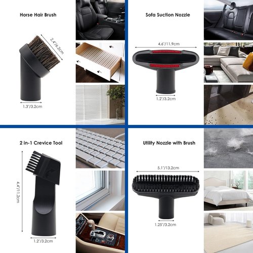 11 PCS Universal 1 1/4 Inch Vacuum Attachments Kit for Shop Vac Accessories with Vacuum Brush Attachments, Flexible Crevice Tool, Hose Adapters for 2 1/2" to 1 1/4" and 1 7/8" to 1" Hoses