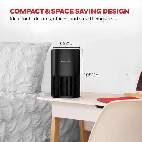 Honeywell HEPA Air Purifier - Compact Design for Small Rooms, 530 Ft² Coverage, 3-in-1 Filter, Black | Reduces Pet Dander, Smoke & Odors