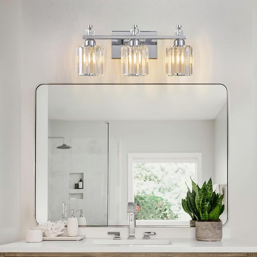 FDPBY Bathroom Vanity Lights 3-Light Chrome Modern Crystal Vanity Light Fixtures Over Mirror Crystal Bathroom Vanity Lighting Fixtures