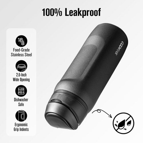 Coolflask MegaSip 32 oz Stainless Steel Water Bottle - Insulated, Leak-Proof, BPA-Free | Midnight Black