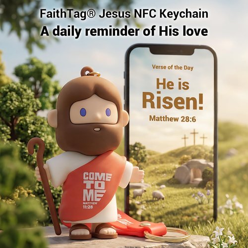 FaithTag Mini Jesus Figurine Keychain - 3.2in NFC Interactive Touch Plays Bible Stories | Perfect Gift for Kids & Women