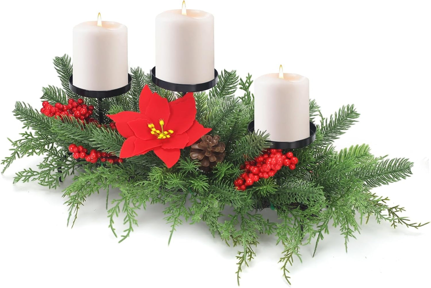 Regine Switzerland Christmas Advent Wreath Candle Holder - Elegant Table Centerpiece with 3 Holders, Red Berries & Pinecones