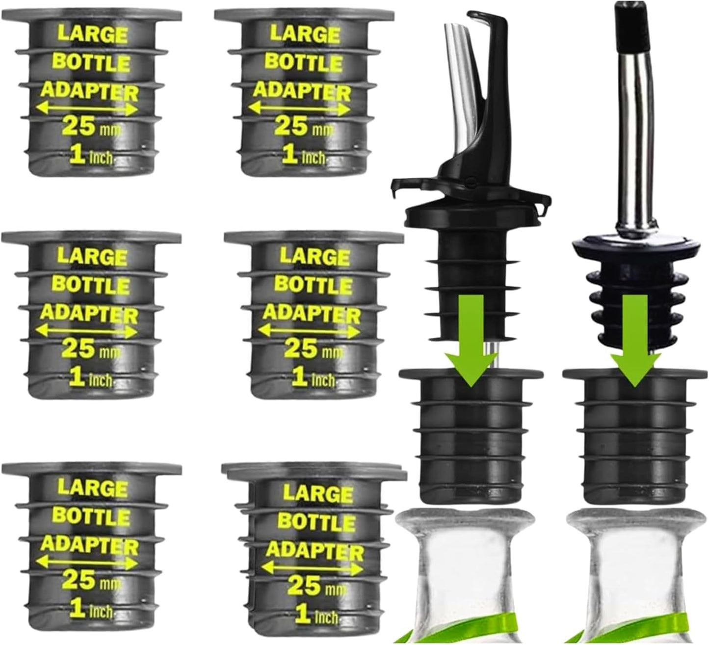 Poura Liquor Pourer Adapters 6 Pack – BPA-Free Natural Rubber – Fits Large Bottles up to 1 Inch Neck – Convert Oil or Liquor Pour Spouts – Secure Fit for XL Bottles – Black