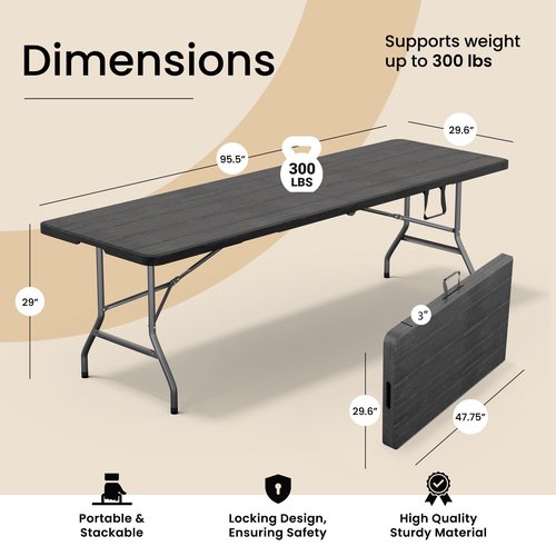 Our Modern Space 8 Feet Foldable Table with Built in Handle & Steel Legs | Heavy Duty Portable | Perfect for Party, Dining, Wedding, Events, Picnic Indoor, Outdoor, Camping, Utility, Temporary