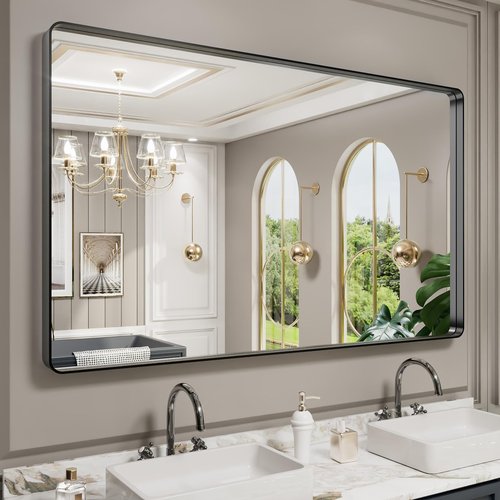 LOAAO 60X30 Inch Black Metal Framed Bathroom Mirror for Wall, Matte Black Bathroom Vanity Mirror Farmhouse, Large Rounded Rectangle Mirror, Anti-Rust, Tempered Glass, Hangs Horizontally or Vertically
