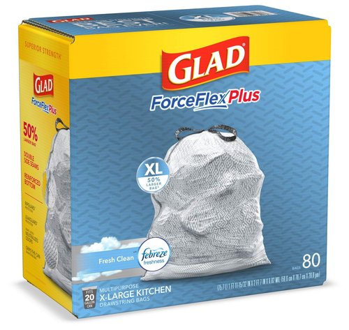 Glad Trash Bags, Force Flex Kitchen Pro Drawstring Garbage Bags, Fresh Clean, 80 Count