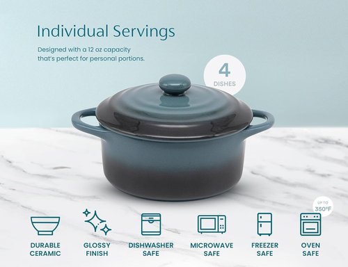 Kook Ceramic Mini Cocotte Set - 12 oz Individual Baking Ramekins with Lids & Handles | Oven & Microwave Safe, Stone Ombre, Set of 4
