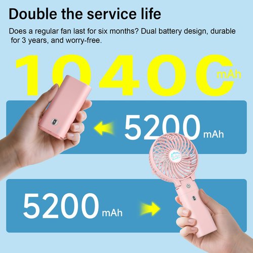 HandFan 10400mAh Personal Handheld Fan, 40Hrs Long-Lasted Hand Fan Rechargeable, Mini Cooling Fans Foldable, Heavy Duty Battery Fans Portable for Travel Beach Concerts Cruise Makeup(Pink)