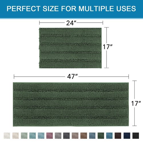 H.VERSAILTEX Bathroom Rugs Bath Mats Sets Super Absorbent Chenille Striped Bath Mats Non Skid Machine Wash Dry Rugs for Bathroom Floor Set of 2(Bronze Green, 47 x 17 Plus 17 x 24 - Inches)