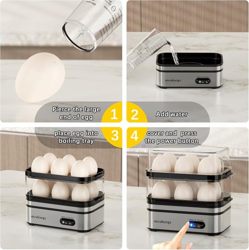 Evoloop Electric Egg Cooker - Rapid 12 Egg Capacity for Soft, Medium, Hard Boiled & Poached Eggs | BPA Free