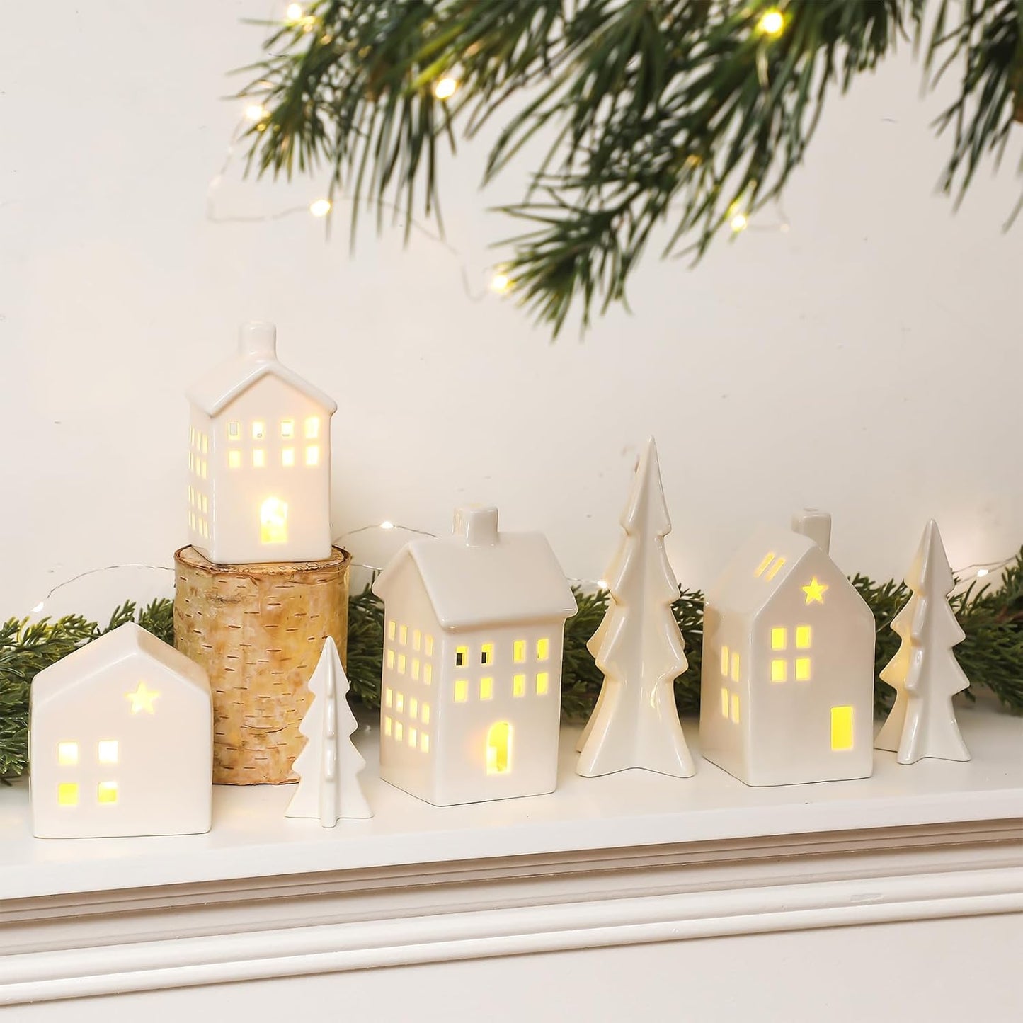 Newtay Ceramic Christmas Village Set - 7 Pcs LED Light-Up White Houses & Xmas Trees for Rustic Holiday Decor