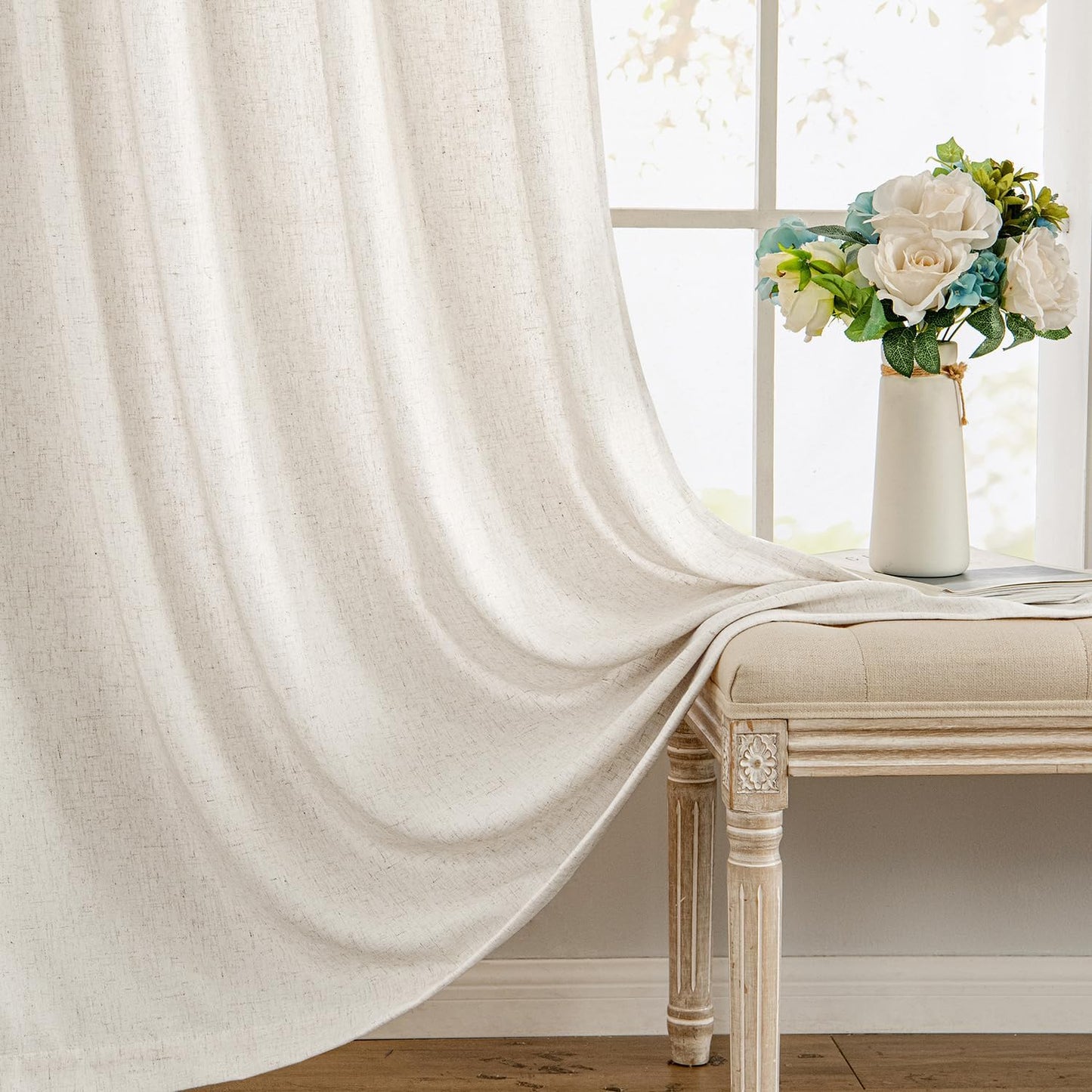 MIULEE Privacy Linen Curtains - Light Filtering Semi-Sheer Drapes | 2 Panels, 52 x 84 Inches, Natural White