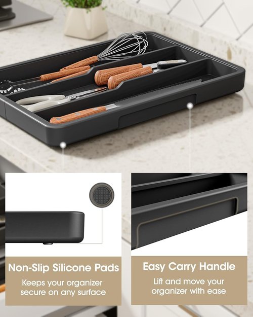 Aujen Silverware Organizer - Expandable Utensil Tray for Kitchen Drawers | Adjustable Cutlery Storage, Black, X-Large