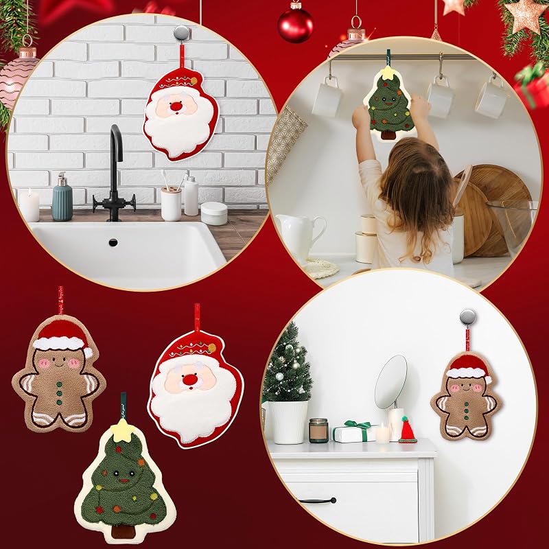 Christmas Hand Towels Set of 3 - Santa, Gingerbread Man & Christmas Tree – Hanging Kitchen & Bathroom Towel